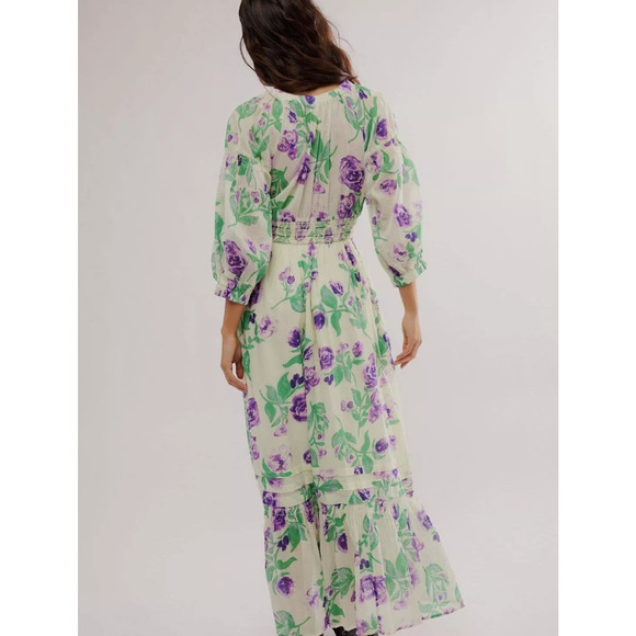 Free People GOLDEN HOUR Hour Smock Floral Maxi Dress Saltwater Combo S NWT $168 - Picture 2 of 7